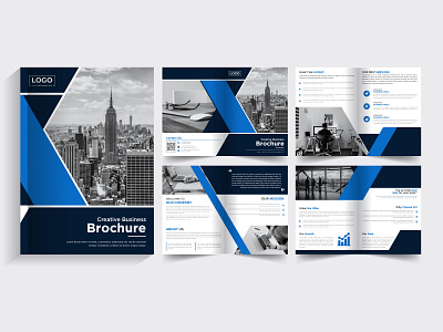 Minimal & clean geometric design of 8-page blue color template f