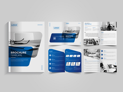 Minimal & clean geometric design of 8-page blue color template f