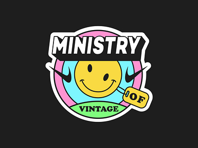 logo for "ministry of vintage" shop 90s branding cool design design fun logo logo design logotype old school smile sticker vector vintage