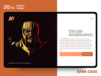 Dark Code Daily UI 30 - Day 30 coming soon page comingsoon dailyui dailyui30 dark code dark code darkcode design design concept dribbble end graphiste interface interface design orange uiux design ux designer ux ui design website