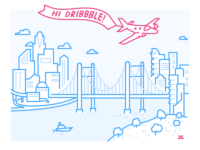 City Illustration - Dribbble Debut banner bridge city debut first shot illustration line monochrome plane river