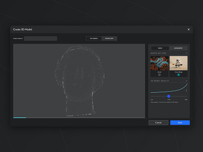 Create 3D Model - Dark UI 3d modeling dark theme design desktop app enterprise software product design typography ui ux