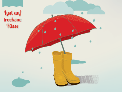 Lust auf trockene Füsse illustration rain red umbrella yellow boots