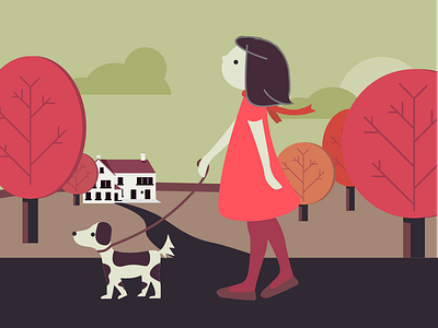 Girl, walking her dog in autumn