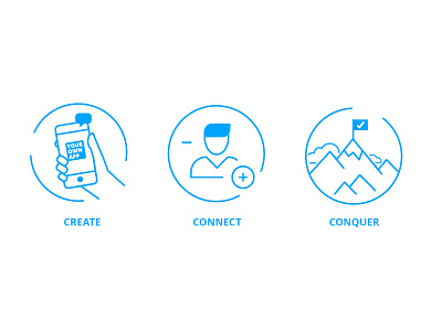 Landing Page Icons blue circle connect conquer create employee app icons illustration line staffbase web