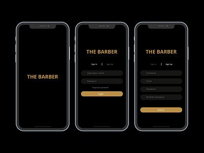 The Barber Apps - login screen app barber black design gold login mobile sign in sign up ui ux