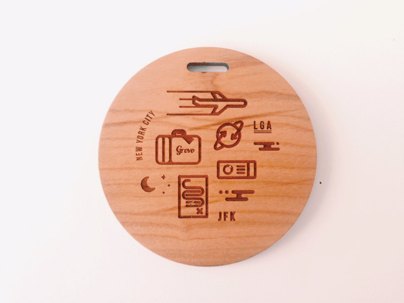 Luggage tags design iconography illustration laser engraved luggage tag nyc simple swag typography wood