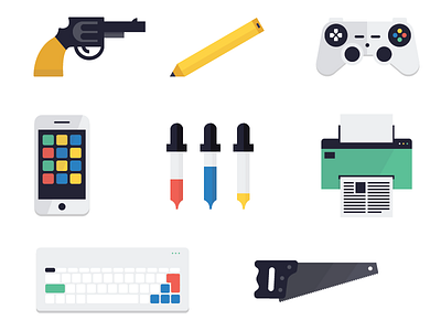 The Most Random Icon Set eyedropper gamepad gun iconography illustration iphone pencil printer saw simple ui web design
