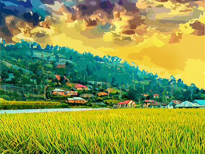 rice field 1 evening everyday field fields illustraion indonesia landscape rice sumatera sun sunny sunset tropic village