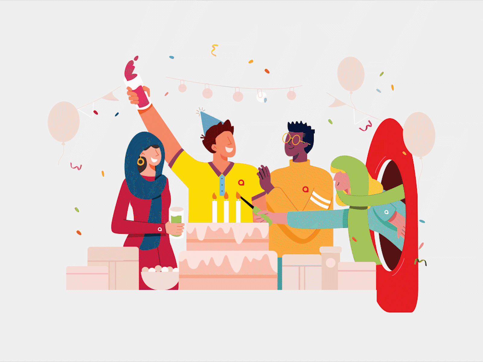 Happy Birthday Party birthday boy cake character colleague drink festival friend friends gif girl guys happy hijab illustraion lady man motion graphic party