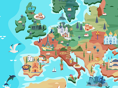 Map of Europe adobe illustrator blue mosk church colorful illustration dutch windmill eifeltower europe happy map heracleon holidaytime icecream illustrated map illustrator neuswanstein castle pasta stonehenge summertime tower of pisa