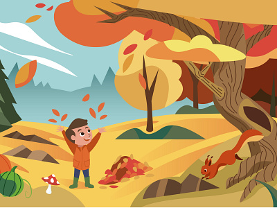 Autumn is here! adobe adobe illustrator autumn autumnillustration bookillustration design happykid herfstillustratie illustratie illustration kidsillustration kinderillustratie leaves mushroom old tree playfull squirrel tree weather