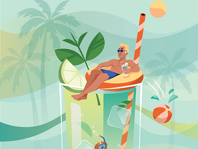 Mojito adobe illustrator adobe photoshop branding colorfull design holland illustratie illustration man sunbathing mocktail mojito palmtrees pool side summer summer vibe tea packaging