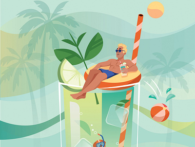 Mojito adobe illustrator adobe photoshop branding colorfull design holland illustratie illustration man sunbathing mocktail mojito palmtrees pool side summer summer vibe tea packaging