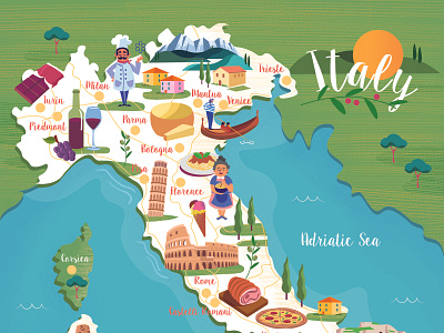 Food and Travel Magazine Italy map adobe illustrator adobe photoshop chef corsica editorial florance food food and travel magazine icecream illustrated map illustrated map of italy illustration illustration design italy mapping milan parma rome trendy map trieste