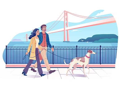 Walking in San Francisco adobe illustrator adobe photoshop business model bussines connect couple design dog dog illustration golden gate bridge graphic holland illustration san francisco story walking the dog