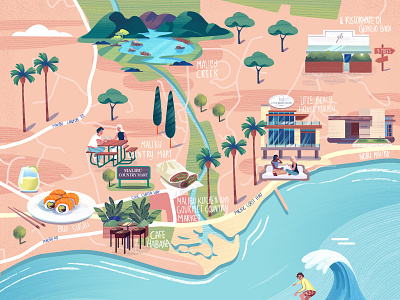 West Coast Illustrated Map adobe photoshop amsterdam design hotel illustrated map illustratie illustration malibu mapping palmtrees sunny surf sushi usa utrecht west coast