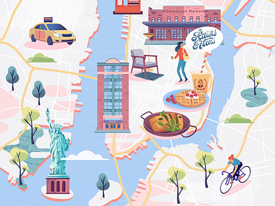 Illustrated map of NYC for KLM adobe illustrator adobe photoshop amsterdam art big apple design editorial holland holland herald illustrated map illustratie illustration illustrator klm mapping statue of liberty taxi usa