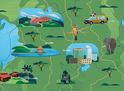 Illustrated map of Rwanda adobe illustrator adobe photoshop akagera national park amsterdam design editorial elephant gorilla holland hotel illustrated map illustration klm lake kivu lake kivu safari