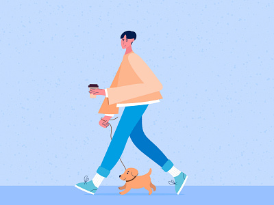 A young man walking a dog. Flat illustration