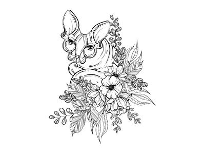 Sphinx cat illustration with beautiful flowers