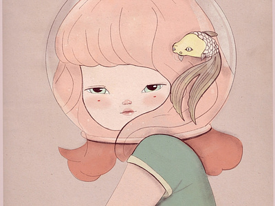 head in a fish tank art character design dari rojas darianoski digitalart drawing girl illustration kawaii procreate
