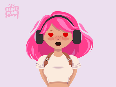 Vector Bubble Girl with Pink Hair 2d 2d character 2d game backpack character flat design game game assets girl hair headphones illustrator lady love pink hair surprised tshirt vector illustration vectorart woman