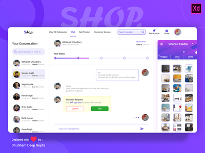 Ecommerce Chat Screen with Payment, Order Status & Media Shared adobexd chat chat media design ecommerce order status payment screen sdg shubham deep ui ux website concept website design