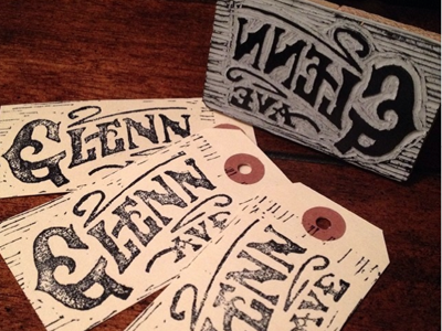 Glenn Ave Hang Tag apparel hang label linocut sketch tag type typography