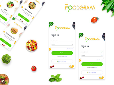 Foodgrame Dribbble Shot colorful design food app design logo photoshop sing in ui design userinterface