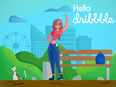 Hello Dribbble! cat hello dribbble illustration noise vector woman