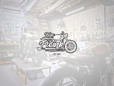 Kios pusink custom garage bike brand cafe racer company logo custom garage garage hand lettering icon illustration lettering logo vector