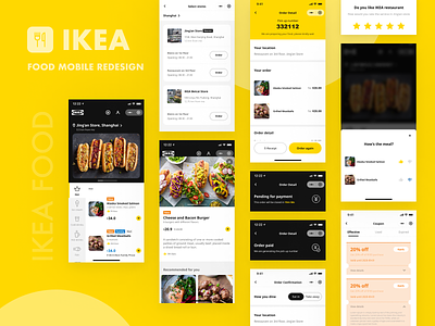 IKEA Food Mobile Redesign coupon dinning feedback food food and drink food app food mobile food order food order app food ordering food ordering app ikea ikea food mini program minimal design minimalistic order app rating yellow yellow and black