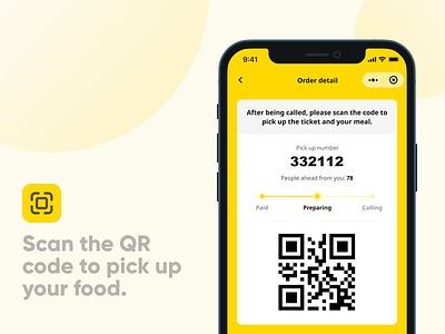 Hej, we are preparing your meal now! app card food food app food ordering food ordering app food pick up food preparation ikea one screen order detail pick up pick up number prepare progress bar qr code scan code scan qr code ui yellow