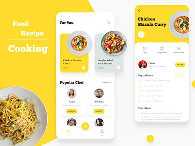 Daily UI 005 - Cooking App 100daychallenge 100dayproject 100daysofui app app design chef cooking cooking app daily ui 005 daily ui project dailyuichallenge food recipe recipe app recipe card ui design uiux uiuxdesign yellow