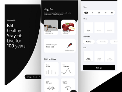 methusaleh app app black design fitness fruit health health app healthcare ui ux white