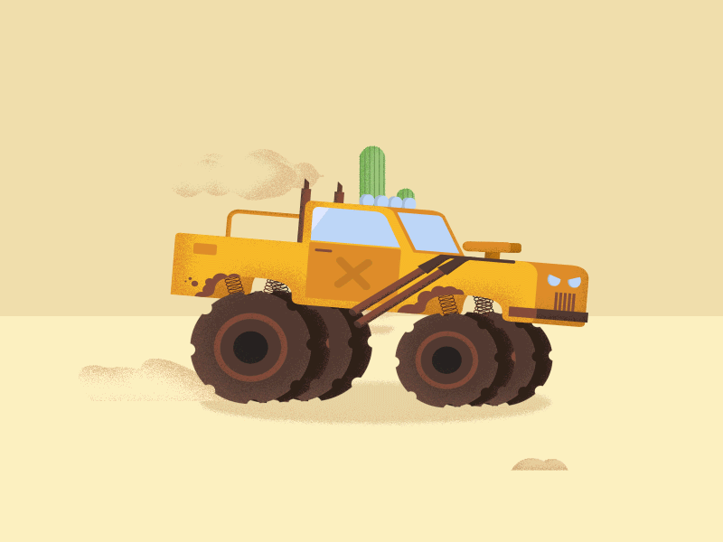 Monster Truck 2d actual after effect animation apocalyptic cactus car desert design fake 3d grain illustration monster post rig smoke truck