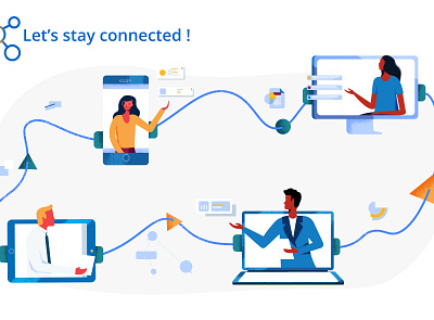 Lets stay connected branding communication connection design exchange flat illustration pc smartphone team tech vector