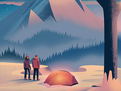Bivouac à la montagne bivouac camping colorful couple design illustration montagne nature snow tent vector winter