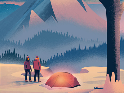 Bivouac à la montagne bivouac camping colorful couple design illustration montagne nature snow tent vector winter