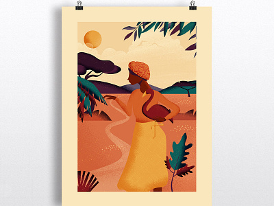 Living in a dream/ Illu Print african african woman animal black colorful design flamingo girl illustration landscape nature planet plants summer vector vector art