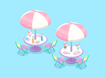 Isometric Pastel Cafe Tables café cute illustration design donuts food illustration isometric illustration pastel vector