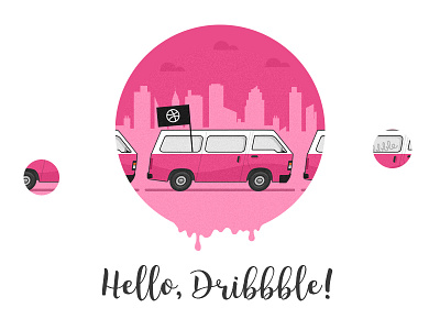 Hello Dribbble! bus debut first shot flat bus flowing down happiness pink