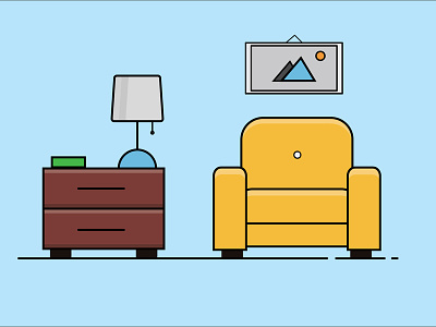 Armchair, bedside table, lamp and picture. background flat illustrator vector