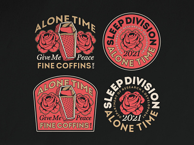 Alone Time Badges badge badgedesign coffin flash sheet graphic design illustration lettering lockup logo merch design photoshop roses traditional tattoo typography vector