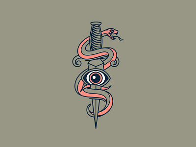 Snake + Dagger badgedesign bold brand identity branding clean dagger eye graphic design illustration illustrator linework logo merch design snake traditional tattoo vector