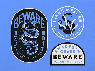 Beware Snakes in Grass badge badgedesign beware brand identity branding graphic design handlettering illustration illustrator logo merch design patch snake snakes sticker traditional tattoo typography vector