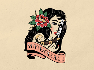 Vi The Barberdoll badgedesign branding design graphic design hair illustration illustrator lady head logo merch rose sticker straight razor tattoo traditional typography