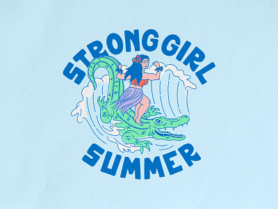 Strong Girl Summer badgedesign branding design gator graphic design hula illustration illustrator lockup logo sticker strong surfing tshirt design typography vector wave woman