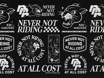 Never Not Riding animal badge badgedesign bike branding flash sheet graphic design illustration illustrator lockup logo merch monogram panther traditional tattoo typography